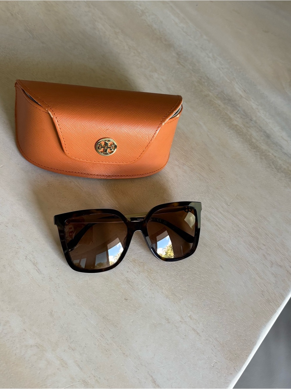 Tory Burch Tortoiseshell Sunglasses with Orange Logo Case
